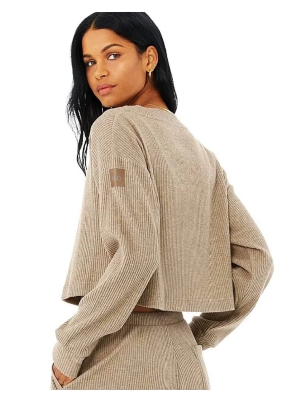 ALO Yoga Cropped Ribbed V-Neck Sweater in Taupe